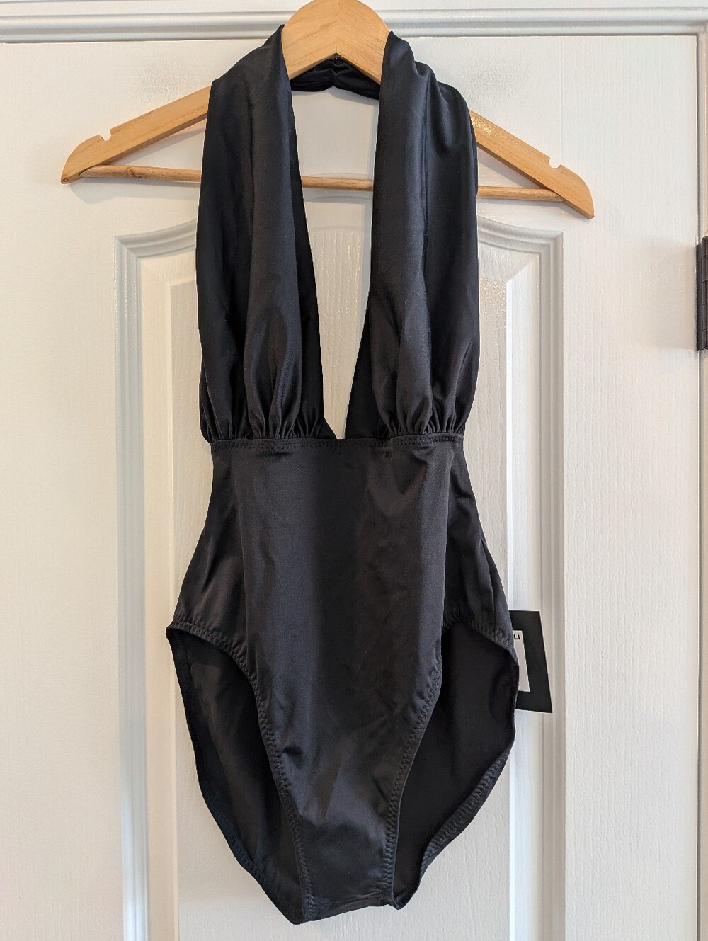 Norma Kamali Halter One Piece Swimsuit Black Plunge Minimalist Luxury Size M NWT - Picture 3 of 16